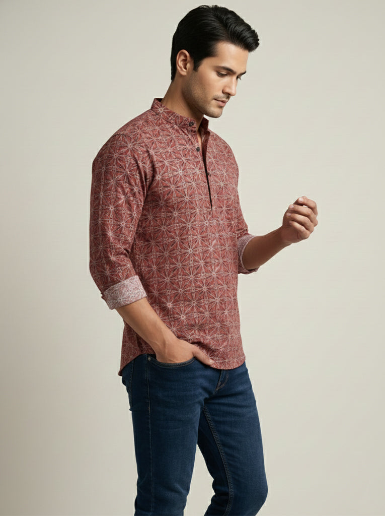 TerraDesi Rust Red Geometric Printed Cotton Kurta for Men | Mandarin Collar Casual Kurta