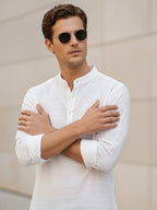TerraDesi White Textured Cotton Short Kurta for Men | Modern Mandarin Collar Kurta