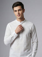 TerraDesi White Textured Cotton Short Kurta for Men | Classic Mandarin Collar Kurta