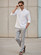 TerraDesi Men's White Textured Cotton Short Kurta | Mandarin Collar Roll-Up Sleeve Kurta