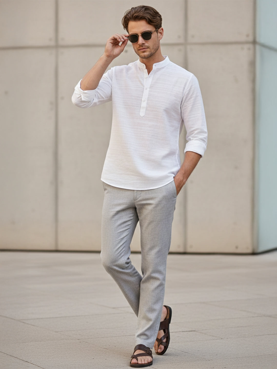 TerraDesi Men's White Textured Cotton Short Kurta | Mandarin Collar Roll-Up Sleeve Kurta