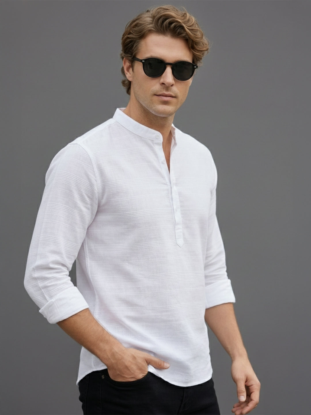 TerraDesi Arctic Weave White Cotton Short Kurta for Men | Mandarin Collar Roll-Up Sleeve Kurta