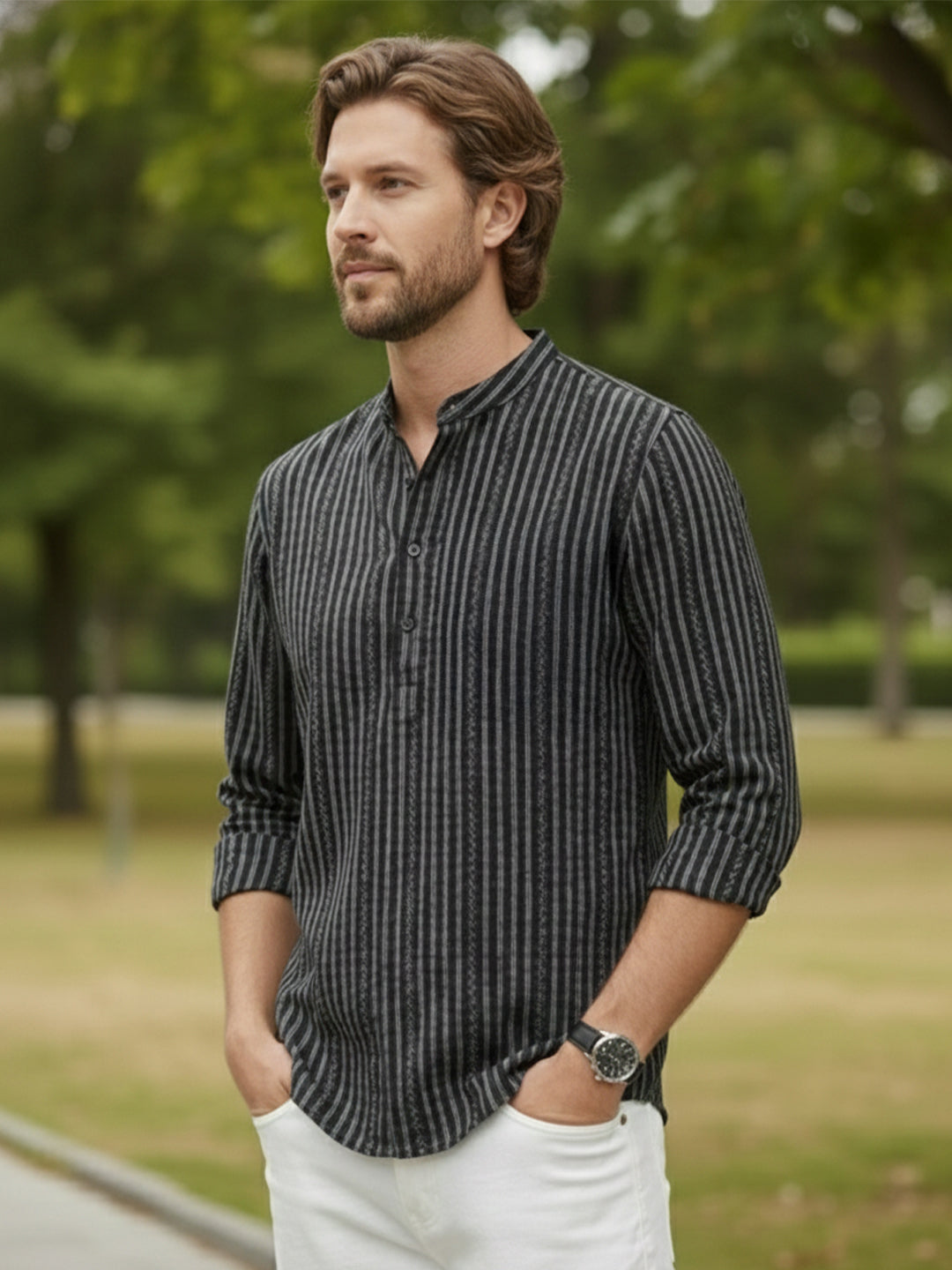 TerraDesi Black Striped Cotton Kurta for Men | Mandarin Collar Casual Kurta Secondary image