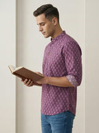 TerraDesi Plum Purple Printed Cotton Kurta for Men | Mandarin Collar Casual Ethnic Kurta