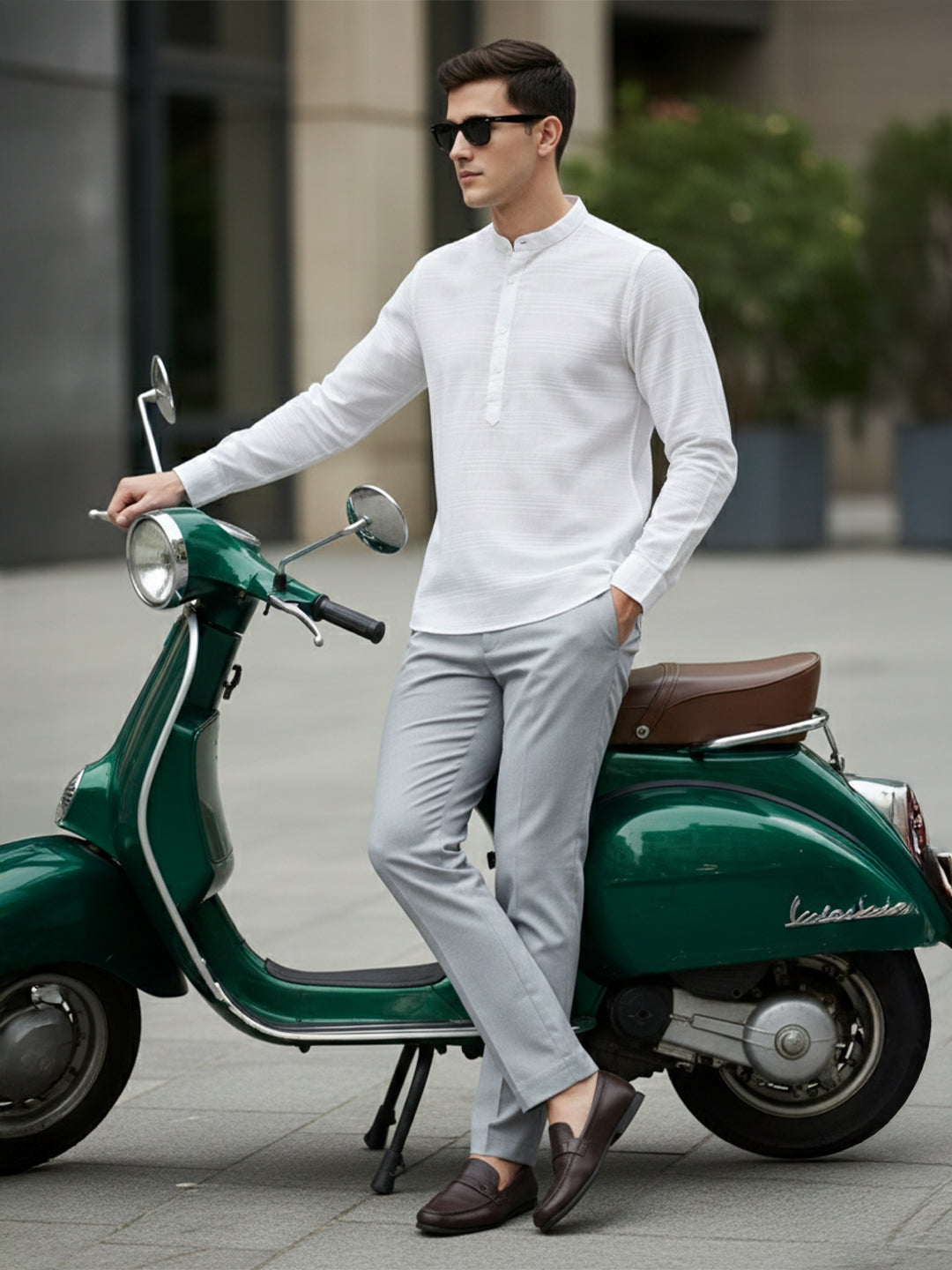TerraDesi White Textured Cotton Short Kurta for Men | Classic Mandarin Collar Kurta