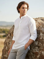 TerraDesi Men's White Textured Cotton Short Kurta | Mandarin Collar Roll-Up Sleeve Kurta