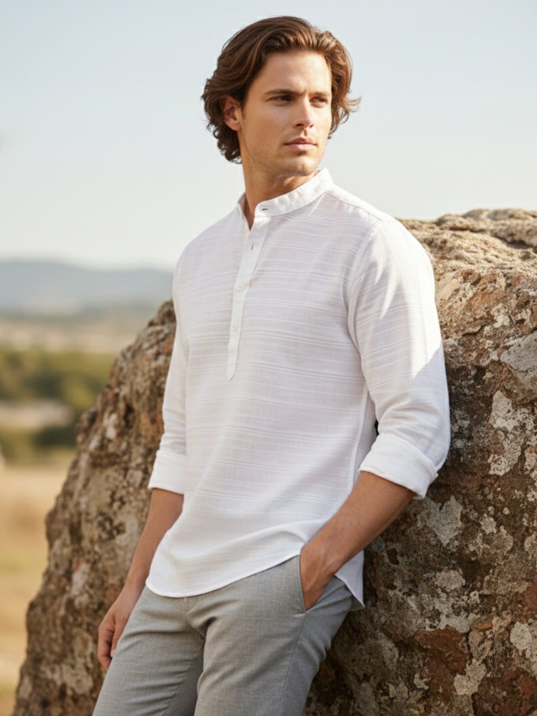 TerraDesi Men's White Textured Cotton Short Kurta | Mandarin Collar Roll-Up Sleeve Kurta