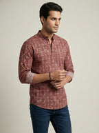 TerraDesi Rust Red Geometric Printed Cotton Kurta for Men | Mandarin Collar Casual Kurta
