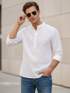 TerraDesi White Textured Cotton Short Kurta for Men | Modern Mandarin Collar Kurta