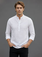 TerraDesi Arctic Weave White Cotton Short Kurta for Men | Mandarin Collar Roll-Up Sleeve Kurta