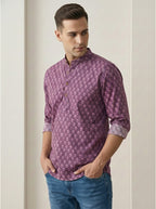 TerraDesi Plum Purple Printed Cotton Kurta for Men | Mandarin Collar Casual Ethnic Kurta