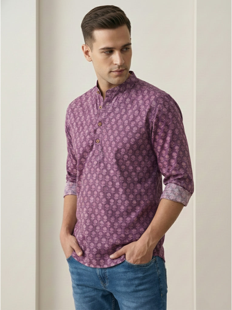 TerraDesi Plum Purple Printed Cotton Kurta for Men | Mandarin Collar Casual Ethnic Kurta