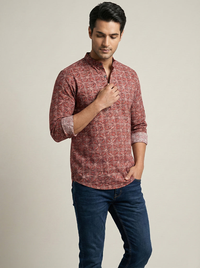 TerraDesi Rust Red Geometric Printed Cotton Kurta for Men | Mandarin Collar Casual Kurta