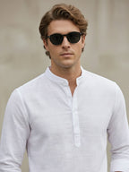 TerraDesi Arctic Weave White Cotton Short Kurta for Men | Mandarin Collar Roll-Up Sleeve Kurta