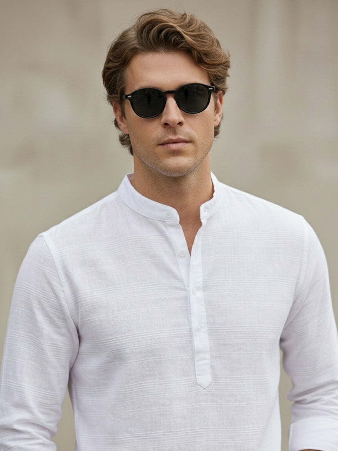 TerraDesi Arctic Weave White Cotton Short Kurta for Men | Mandarin Collar Roll-Up Sleeve Kurta