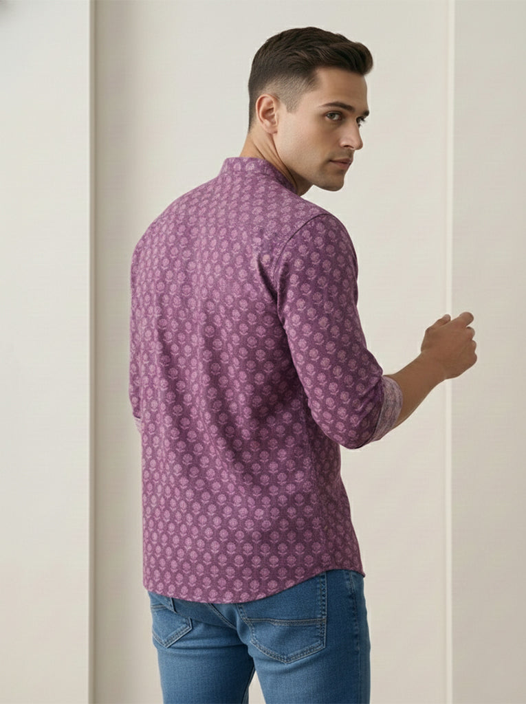 TerraDesi Plum Purple Printed Cotton Kurta for Men | Mandarin Collar Casual Ethnic Kurta