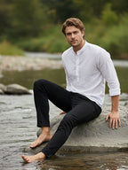 TerraDesi Arctic Weave White Cotton Short Kurta for Men | Mandarin Collar Roll-Up Sleeve Kurta