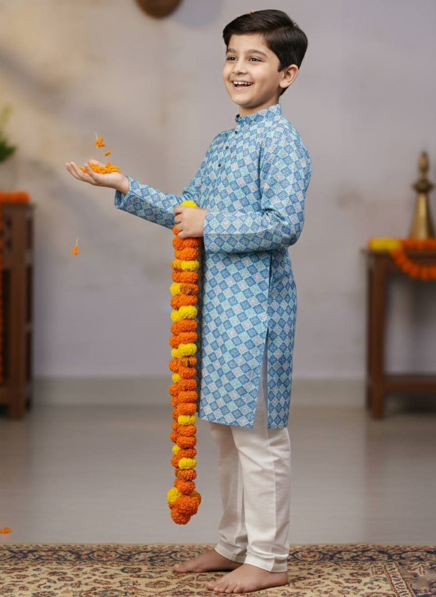 TerraDesi Self Printed Curve Line Crochet Fabric Long Kurta Set For Kids and Boys. Secondary image