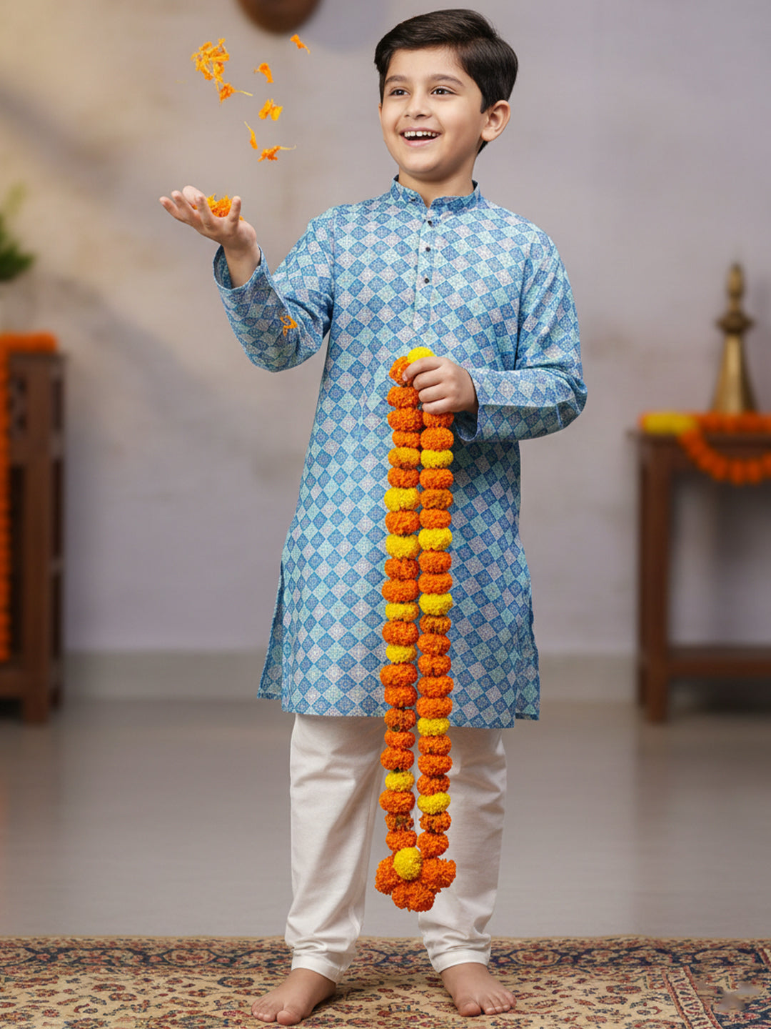 TerraDesi Self Printed Curve Line Crochet Fabric Long Kurta Set For Kids and Boys.