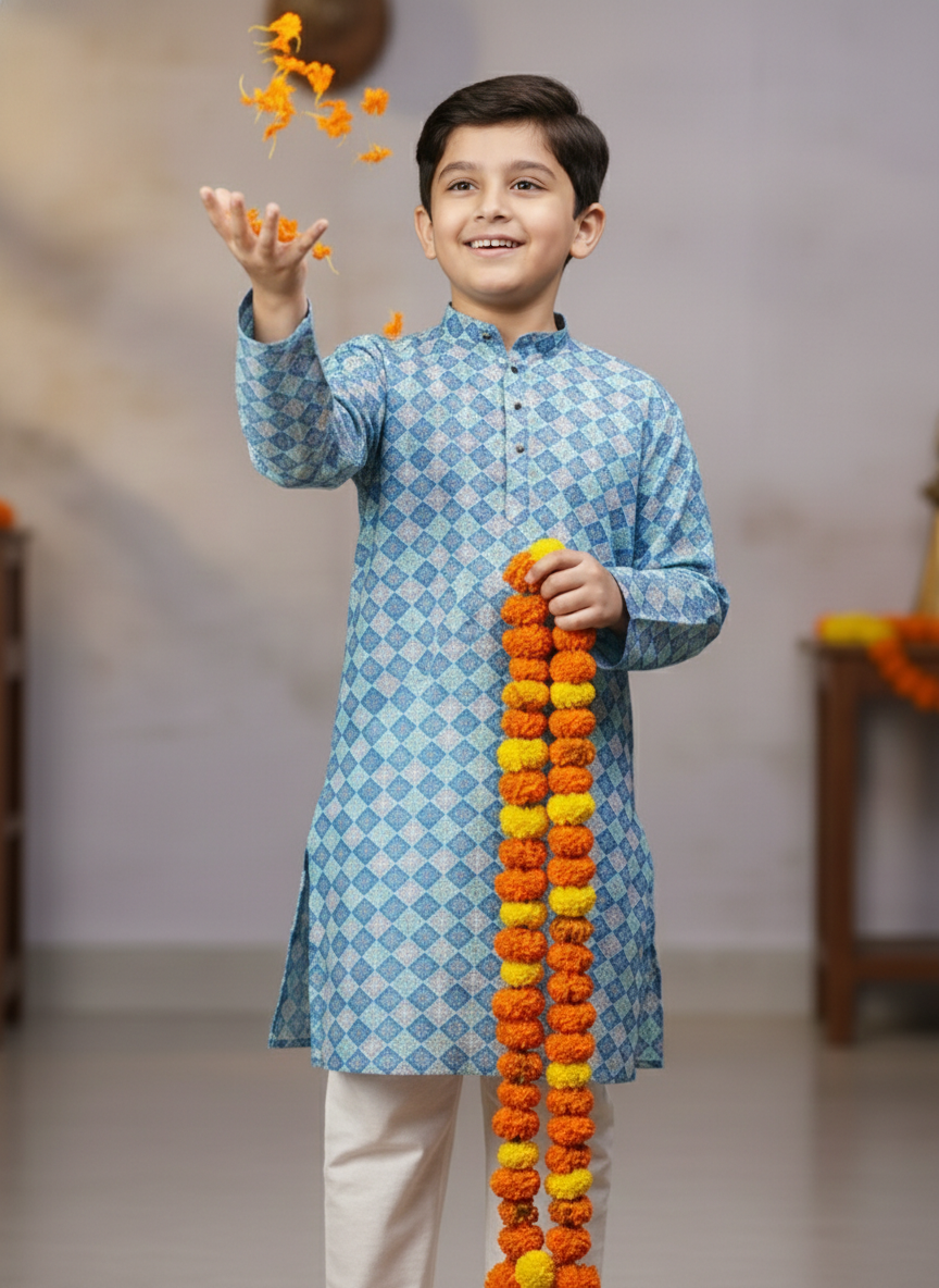 TerraDesi Junior Azure Mosaic Crochet Long Kurta Pajama Set