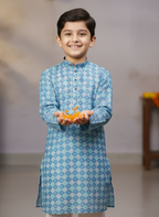 TerraDesi Junior Azure Mosaic Crochet Long Kurta Pajama Set