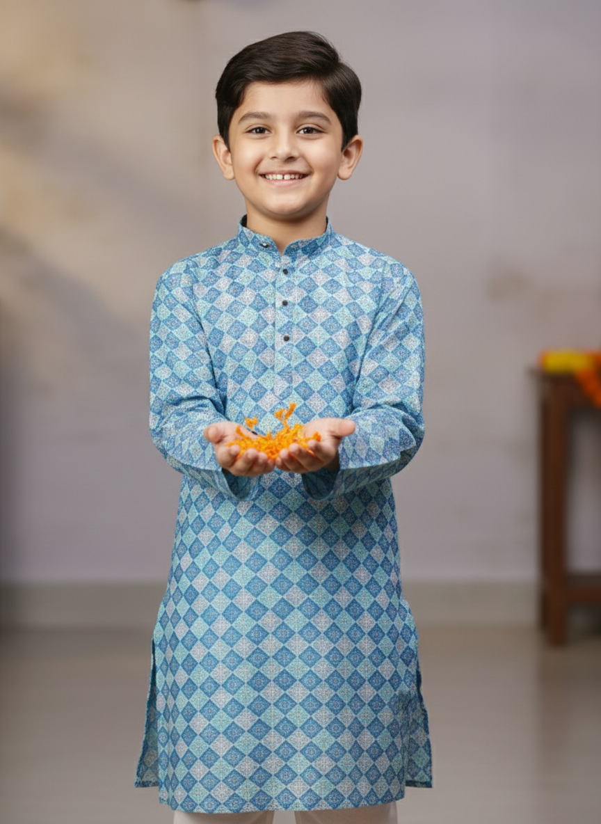 TerraDesi Junior Azure Mosaic Crochet Long Kurta Pajama Set