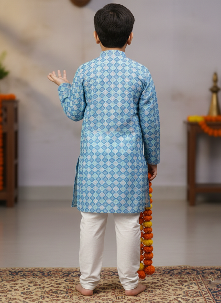 TerraDesi Junior Azure Mosaic Crochet Long Kurta Pajama Set