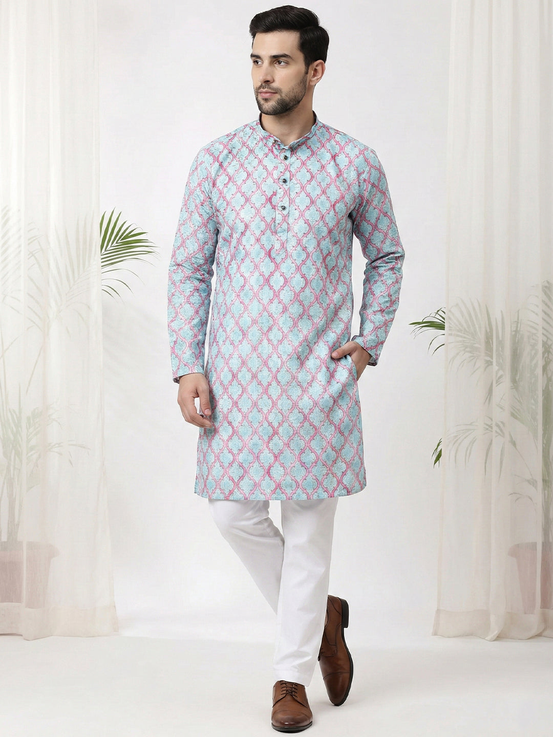 TerraDesi Royal Peach Crochet Kurta Set for Men – Designer Self Printed Festive Kurta with Pajama