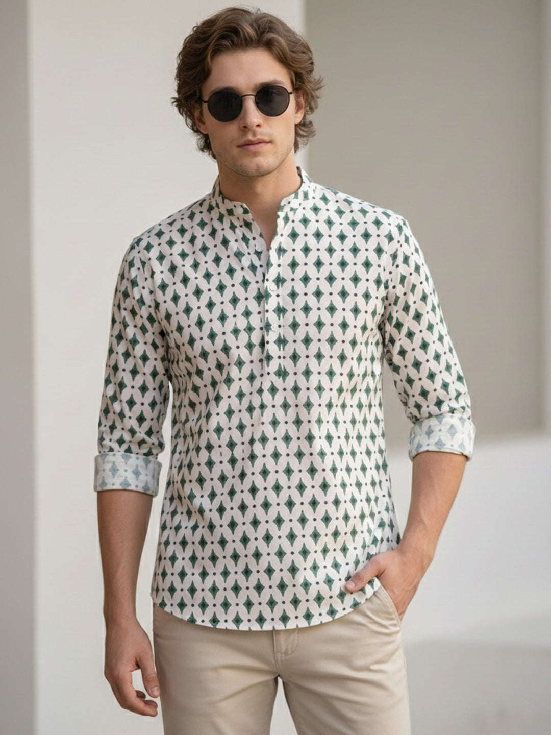 TerraDesi Ivory & Forest Green Printed Cotton Kurta for Men | Mandarin Collar Casual Kurta Secondary image
