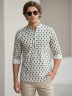 TerraDesi Ivory & Forest Green Printed Cotton Kurta for Men | Mandarin Collar Casual Kurta