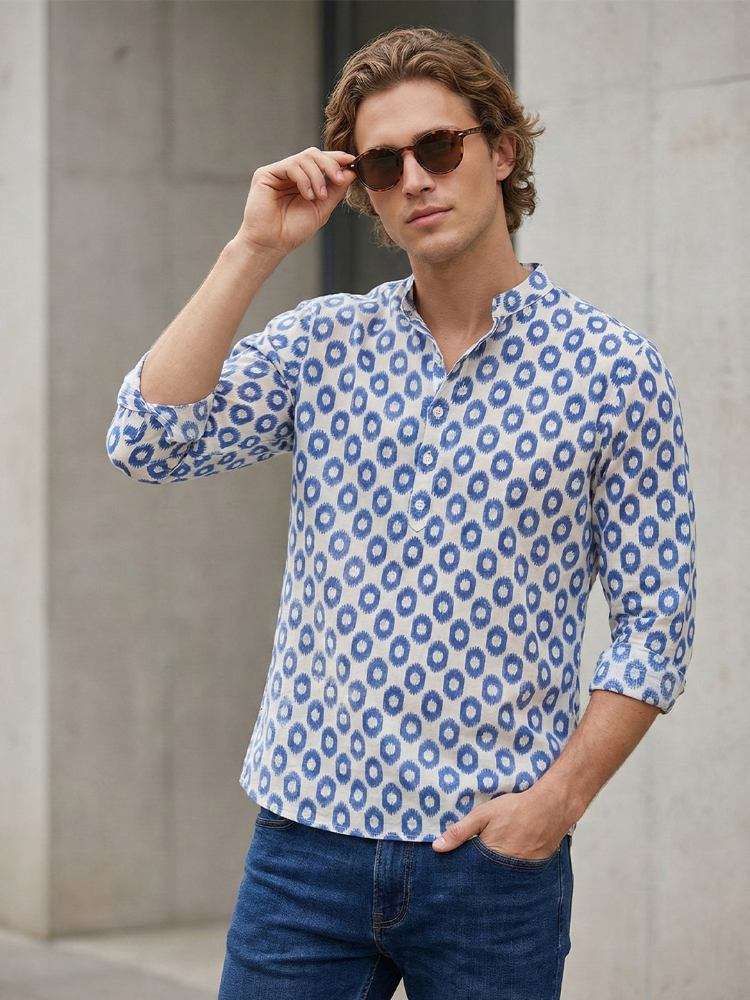 TerraDesi Royal Blue Printed Cotton Kurta for Men | Chinese Collar Casual Kurta Secondary image