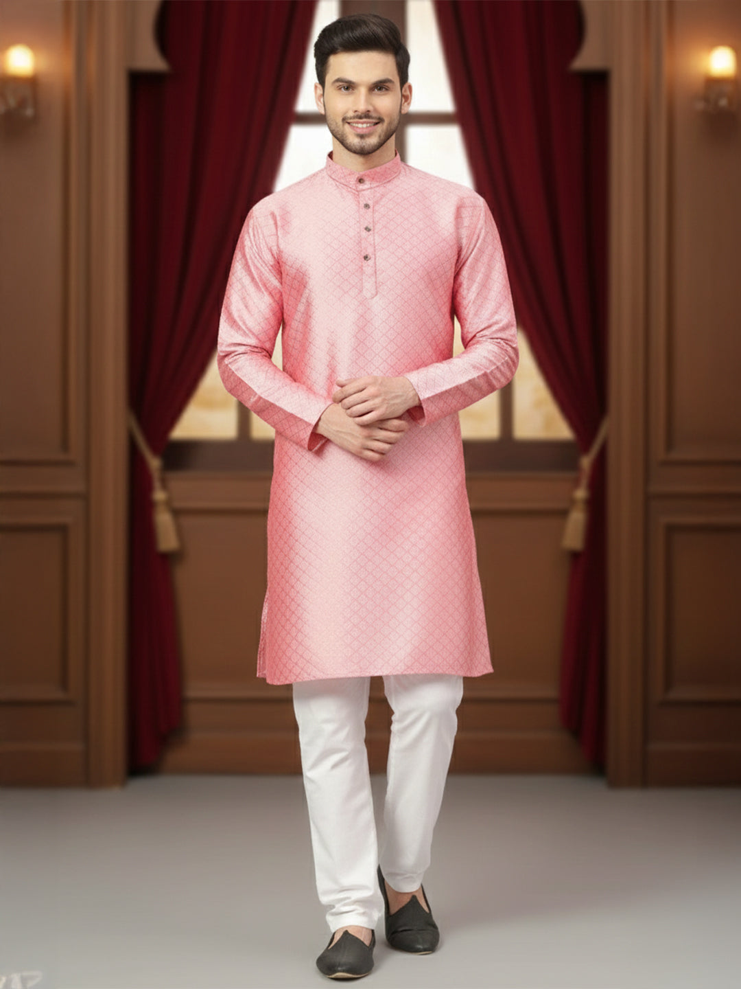 RudraRaj Jacquard Festive Kurta for Men | TerraDesi Royal Maroon Long Kurta