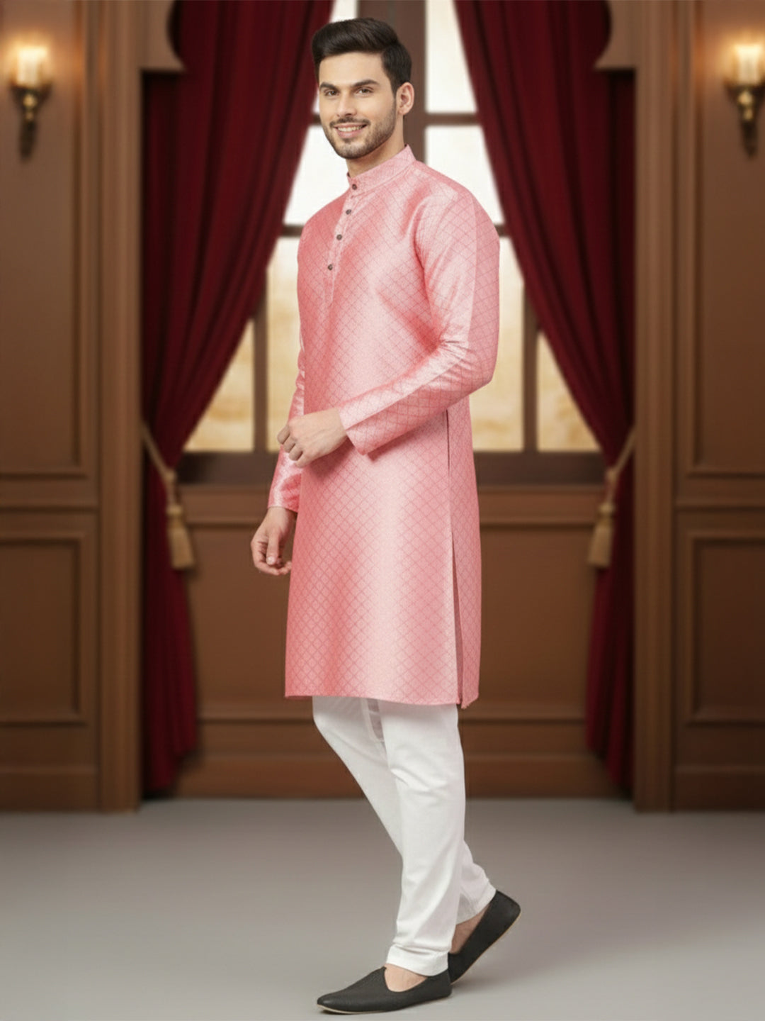 RudraRaj Jacquard Festive Kurta for Men | TerraDesi Royal Maroon Long Kurta