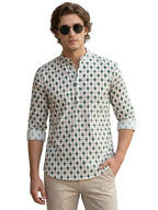 TerraDesi Ivory & Forest Green Printed Cotton Kurta for Men | Mandarin Collar Casual Kurta