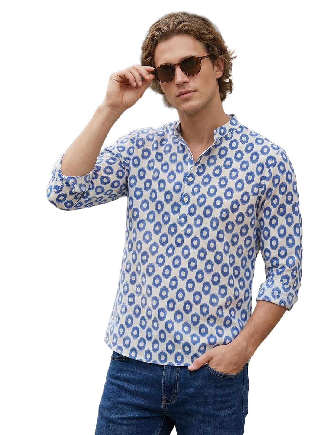 TerraDesi Royal Blue Printed Cotton Kurta for Men | Chinese Collar Casual Kurta