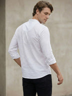 TerraDesi Arctic Weave White Cotton Short Kurta for Men | Mandarin Collar Roll-Up Sleeve Kurta