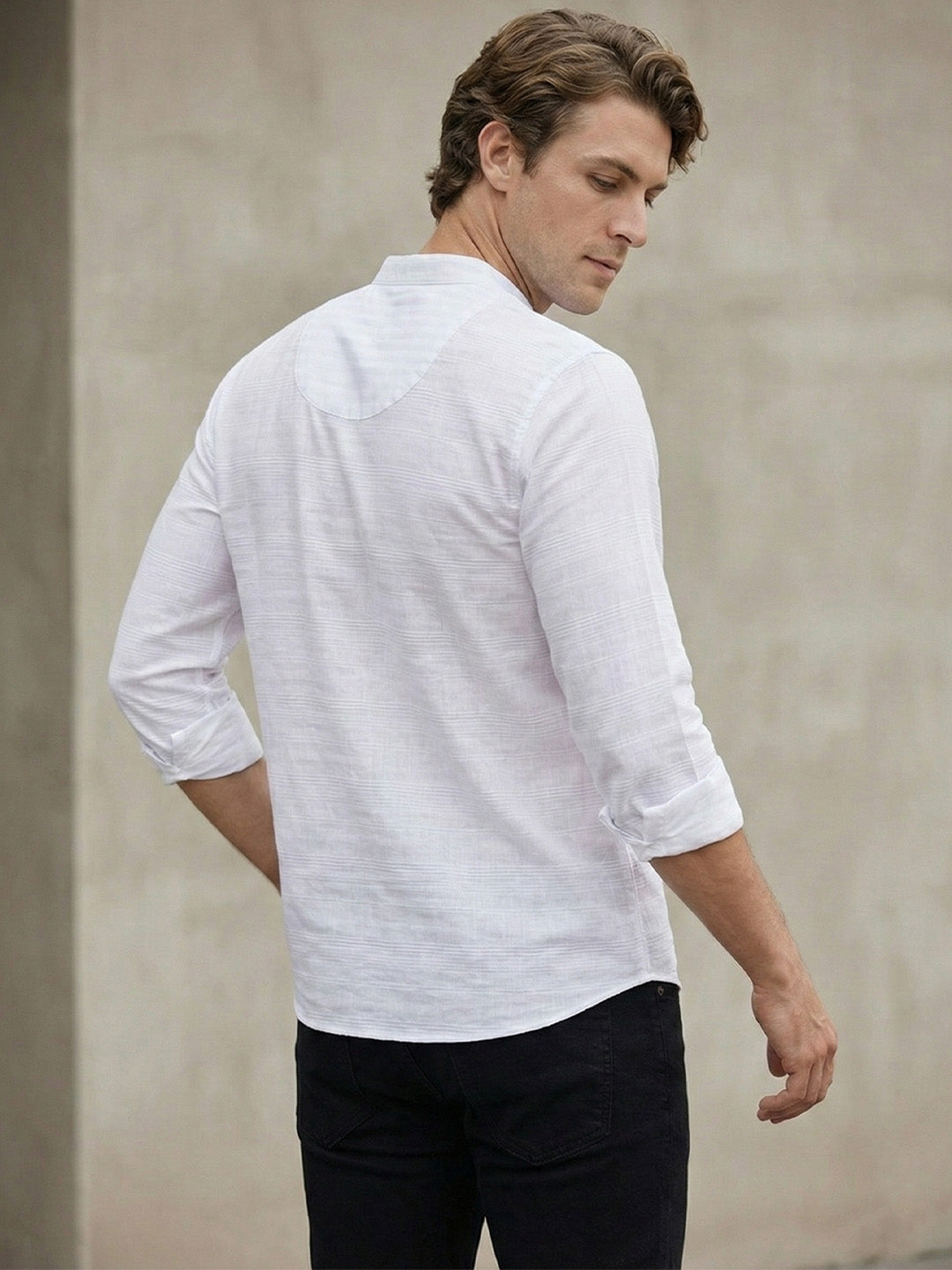 TerraDesi Arctic Weave White Cotton Short Kurta for Men | Mandarin Collar Roll-Up Sleeve Kurta