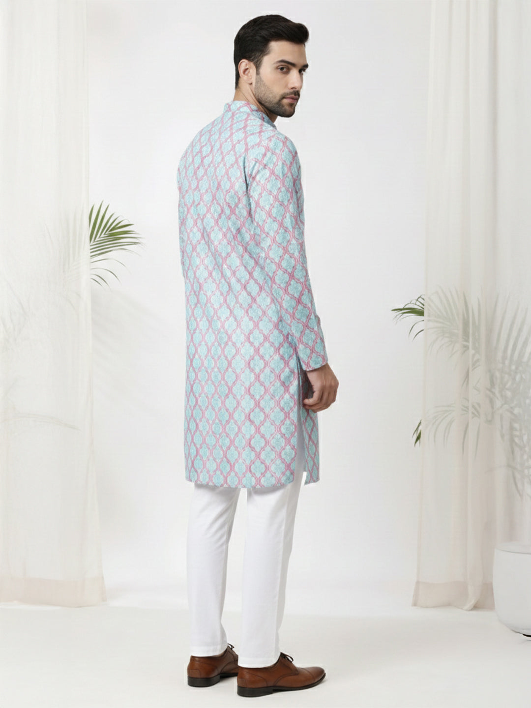 TerraDesi Royal Peach Crochet Kurta Set for Men – Designer Self Printed Festive Kurta with Pajama