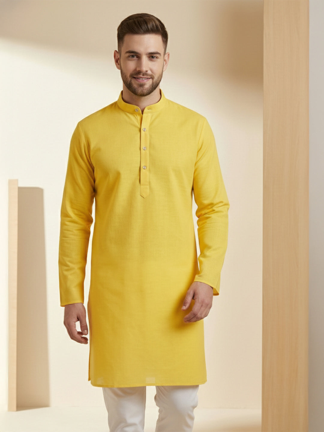 HaldiAura Premium Yellow Cotton Kurta | TerraDesi Festive Essential Secondary image