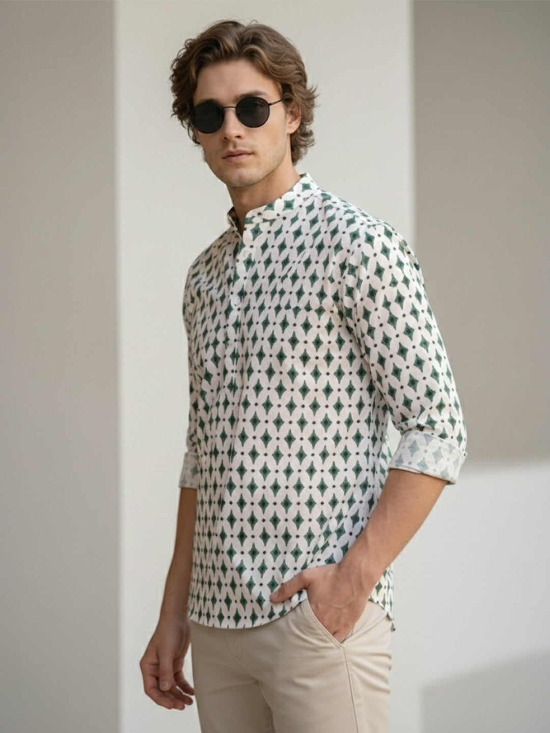 TerraDesi Ivory & Forest Green Printed Cotton Kurta for Men | Mandarin Collar Casual Kurta Main image