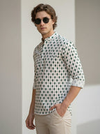 TerraDesi Ivory & Forest Green Printed Cotton Kurta for Men | Mandarin Collar Casual Kurta