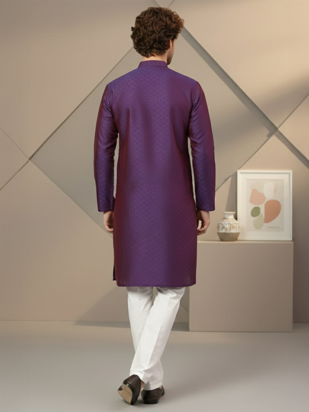 RudraRaj Jacquard Festive Kurta for Men | TerraDesi Royal Maroon Long Kurta