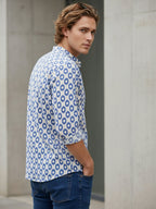 TerraDesi Royal Blue Printed Cotton Kurta for Men | Chinese Collar Casual Kurta