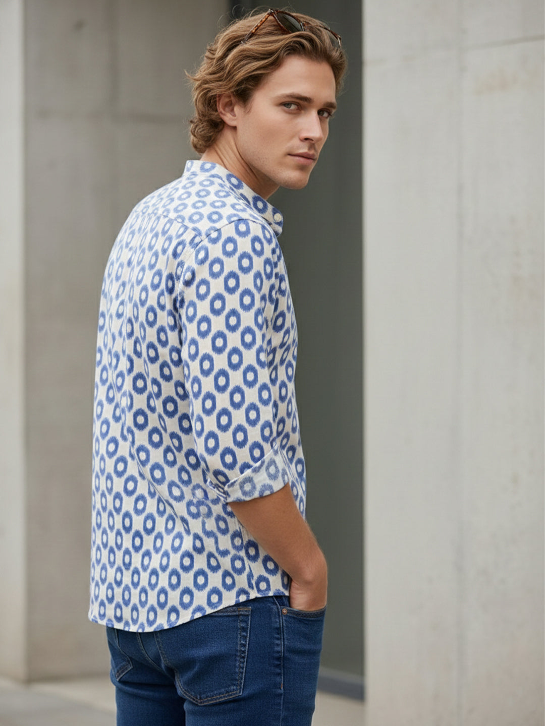 TerraDesi Royal Blue Printed Cotton Kurta for Men | Chinese Collar Casual Kurta