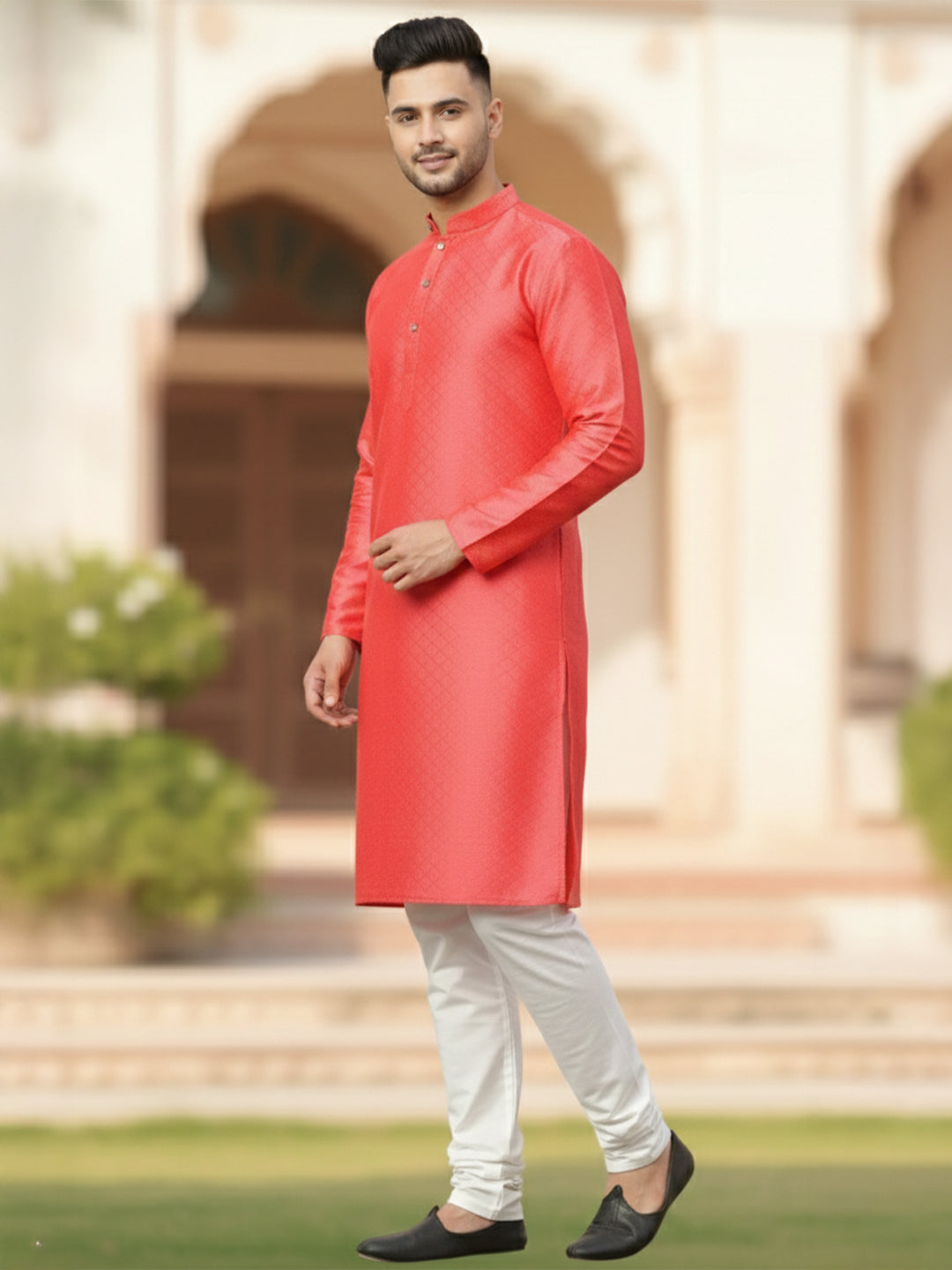 RudraRaj Jacquard Festive Kurta for Men | TerraDesi Royal Maroon Long Kurta