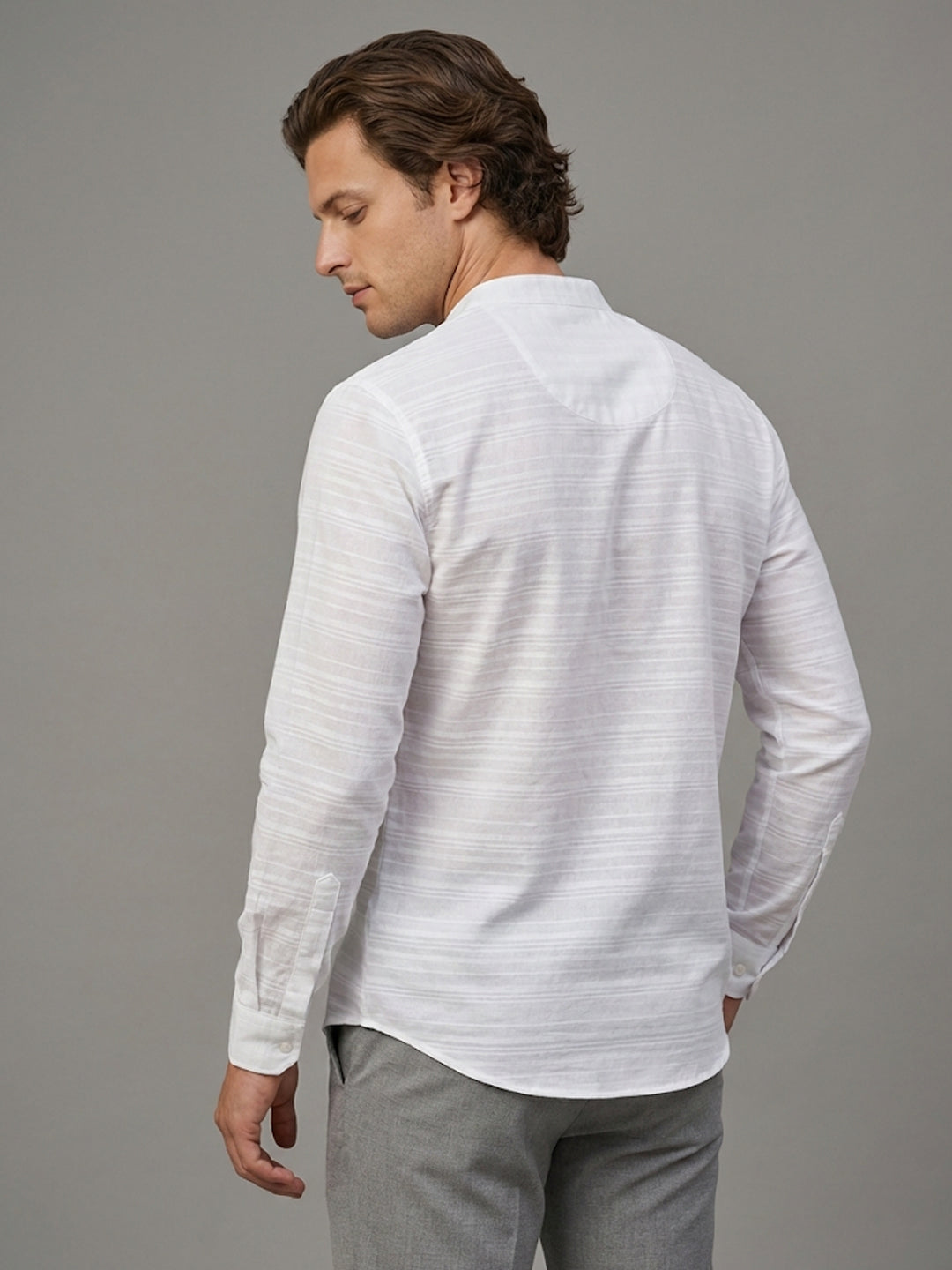 TerraDesi Men's White Textured Cotton Short Kurta | Mandarin Collar Roll-Up Sleeve Kurta Secondary image