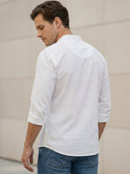 TerraDesi White Textured Cotton Short Kurta for Men | Modern Mandarin Collar Kurta
