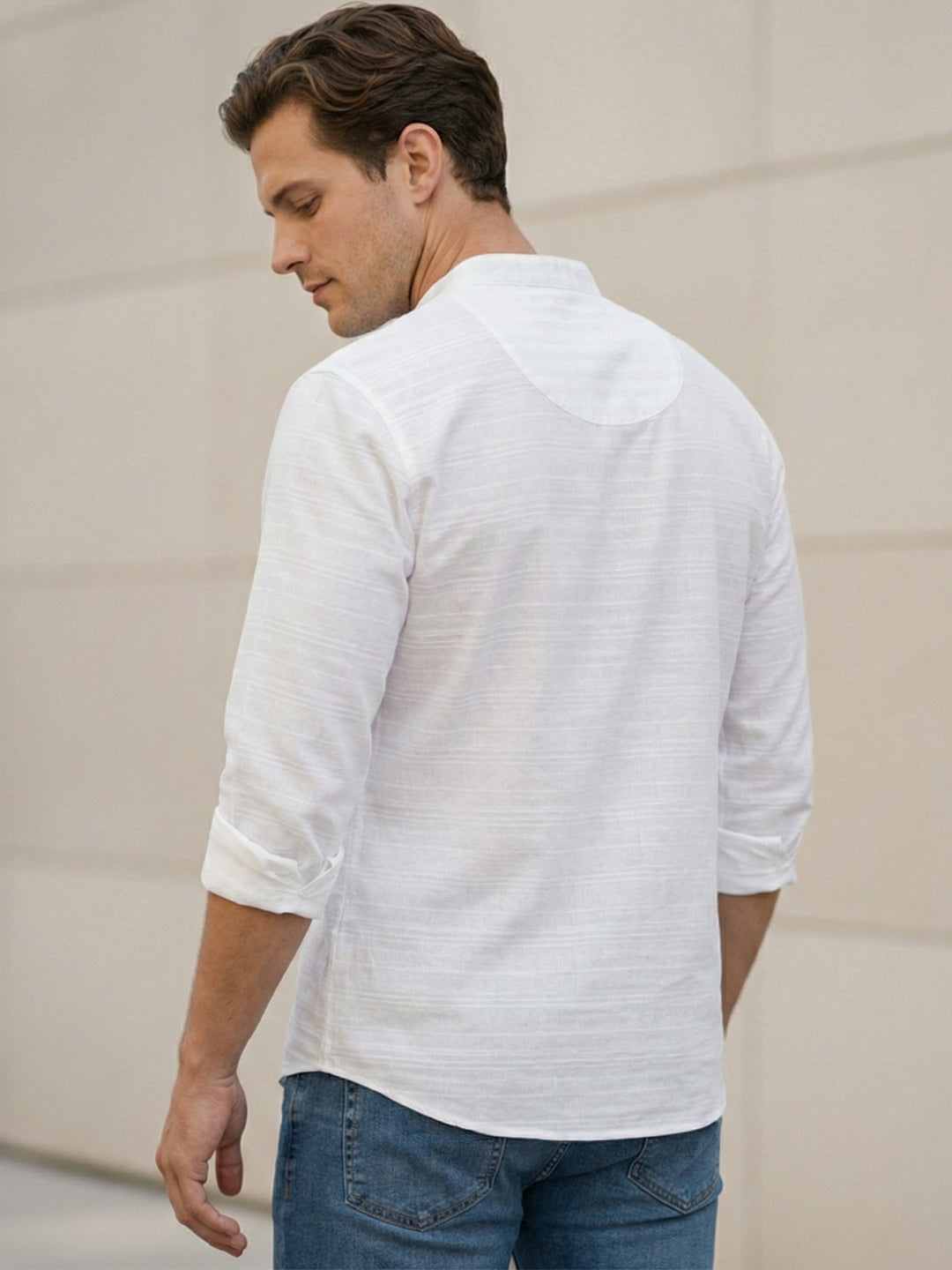 TerraDesi White Textured Cotton Short Kurta for Men | Modern Mandarin Collar Kurta