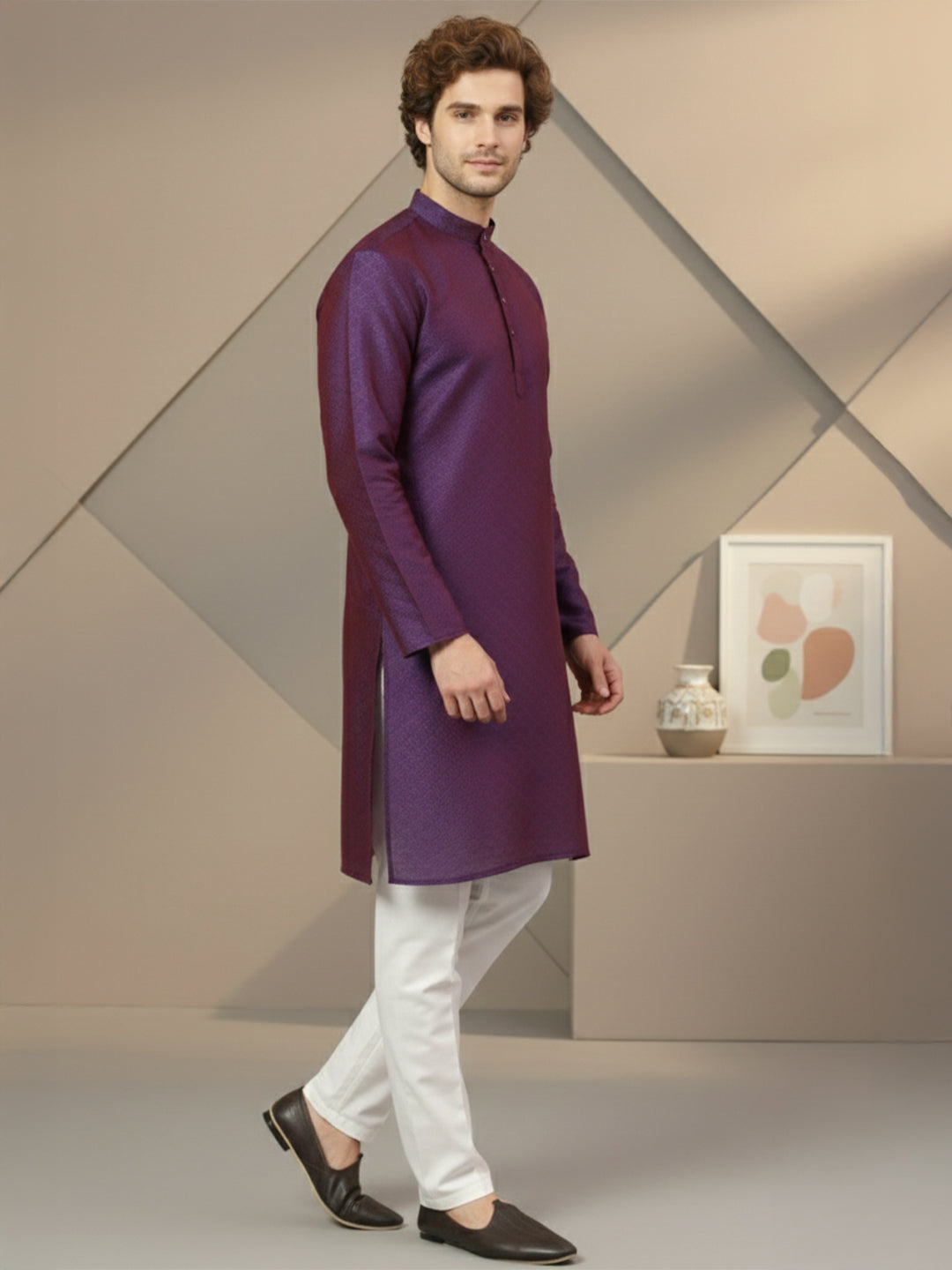 RudraRaj Jacquard Festive Kurta for Men | TerraDesi Royal Maroon Long Kurta