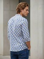 TerraDesi Royal Blue Printed Cotton Kurta for Men | Chinese Collar Casual Kurta